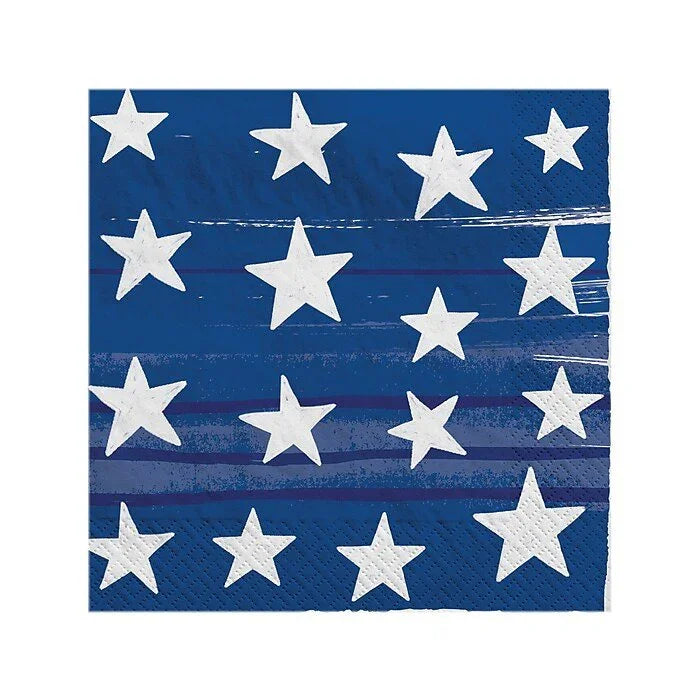 Blue painted wooden plank design napkins with white stars arranged in rows, patriotic tableware for beverages.