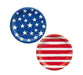 Two round paper plates with patriotic American flag designs, one featuring white stars on blue and the other with red and white stripes.