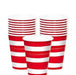 Three red and white striped disposable paper cups shown in front and stacked arrangement, part of a 50-count package of nine-ounce cups.