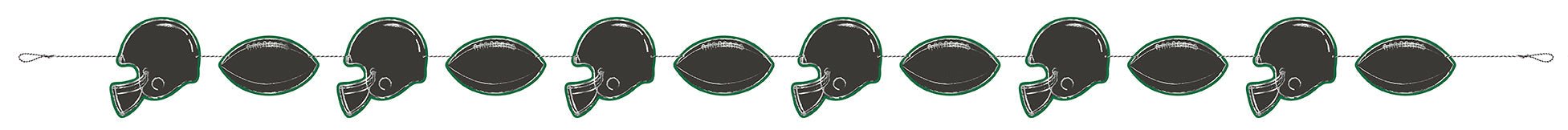 Dark green and black football helmets and footballs alternate in a horizontal repeating pattern connected by a string garland.
