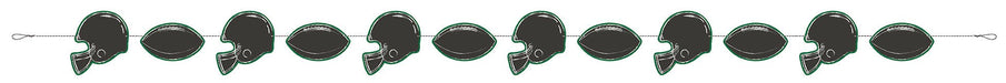 Dark green and black football helmets and footballs alternate in a horizontal repeating pattern connected by a string garland.
