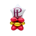 White star-shaped balloon with burgundy "PL" letters stacked above red, gold, and red round balloons arranged in a decorative quad display.
