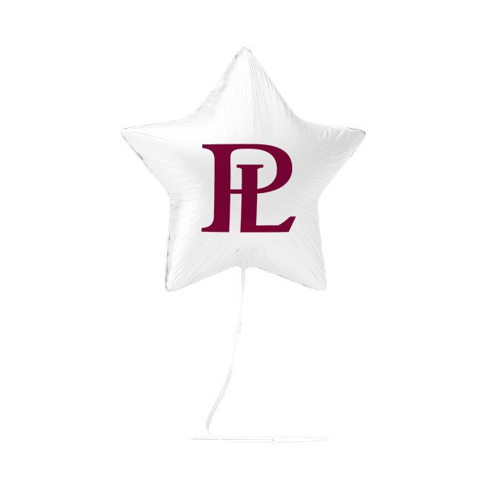 White star-shaped mylar balloon with burgundy "PL" letters printed in the center, shown with string attached.