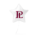 White star-shaped mylar balloon with burgundy "PL" letters printed in the center, shown with string attached.