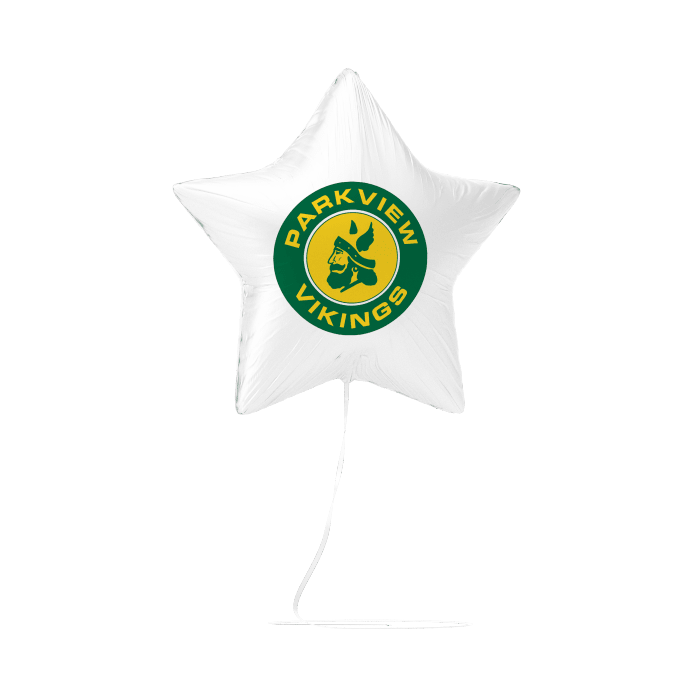 White star-shaped foil balloon with a green and gold circular Parkview Vikings logo in the center, attached to a clear string.