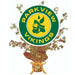 Green and yellow circular logo for Parkview Vikings with a profile portrait, mounted on a gold foil-wrapped centerpiece base tied with a yellow ribbon and surrounded by gold star picks.