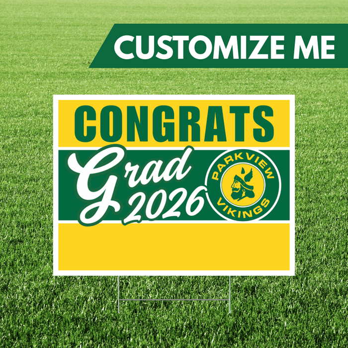 Graduation-themed customizable sign with 'Congrats Grad 2026' text on a grass background