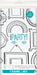 White paper tablecover with black line art designs and "PARTY" text in turquoise, packaged in clear plastic with turquoise circular label indicating adult party game, measuring 54 by 84 inches.