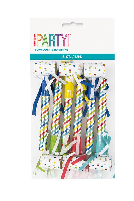 Six colorful party blowouts with spiral striped paper tubes in blue, yellow, red, and green, each with a blue ribbon and white confetti-topped header, packaged in clear plastic with a turquoise band label.