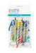 Six colorful party blowouts with spiral striped paper tubes in blue, yellow, red, and green, each with a blue ribbon and white confetti-topped header, packaged in clear plastic with a turquoise band label.
