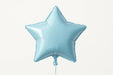 Light blue metallic star-shaped balloon with five points and a string attachment at the bottom.