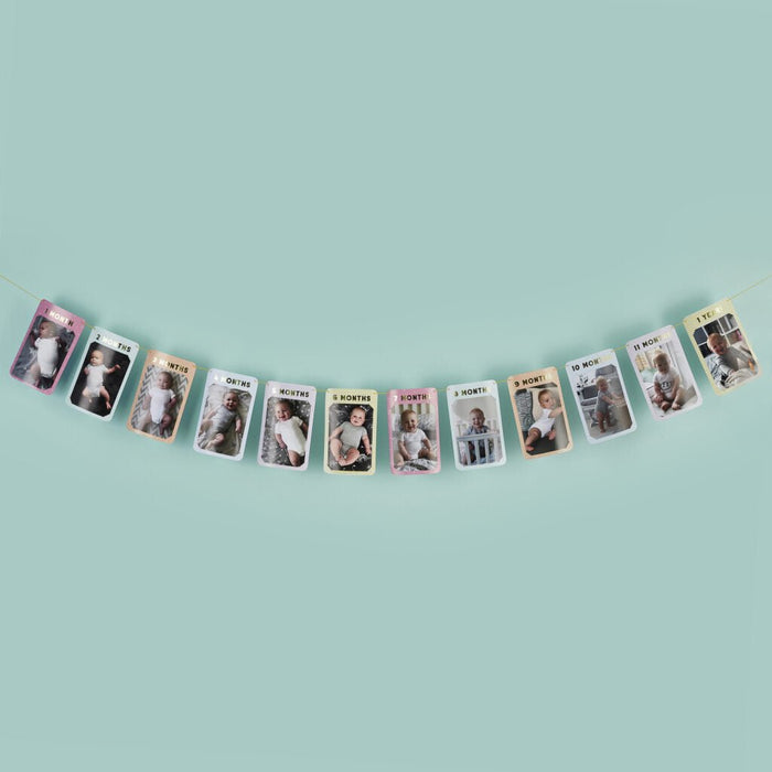 Pastel-colored milestone photo bunting strung horizontally displays twelve labeled cards showing a baby's growth from newborn through twelve months against a light blue background.
