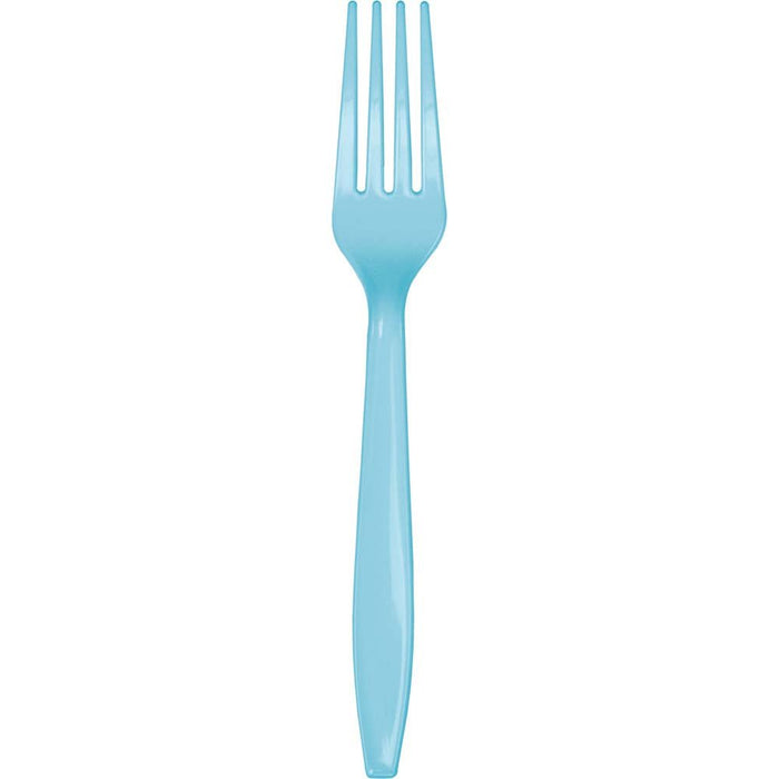 Light blue plastic fork with four tines and an elongated handle, displayed vertically against a white background.