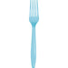 Light blue plastic fork with four tines and an elongated handle, displayed vertically against a white background.