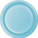 Light blue disposable paper plate with a ribbed rim and circular center well, shown from above against a white background.