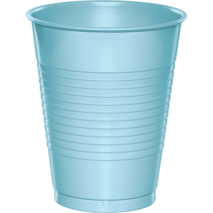 Light blue plastic cup with horizontal ribbed texture throughout the body and smooth rim, shown against a white background.