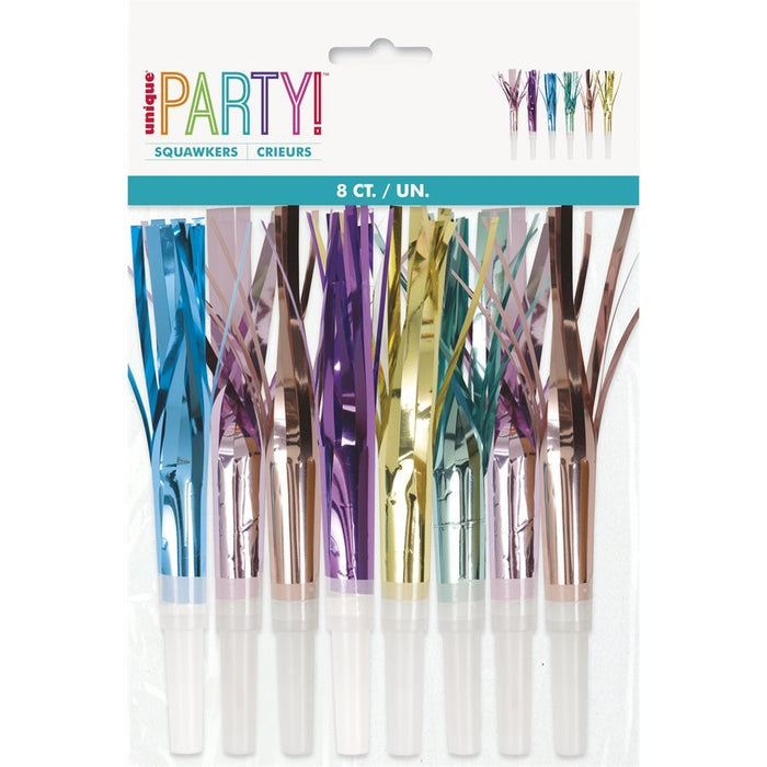Eight colorful foil squawker noisemakers with pastel metallic tops in blue, pink, purple, yellow, and green arranged in a row against a white background.