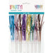 Eight colorful foil squawker noisemakers with pastel metallic tops in blue, pink, purple, yellow, and green arranged in a row against a white background.