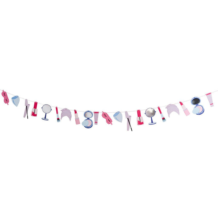 Decorative garland string featuring pastel-colored beauty and spa icons including lipsticks, makeup mirrors, nail polish bottles, and cosmetic compacts in pink, blue, and purple tones.