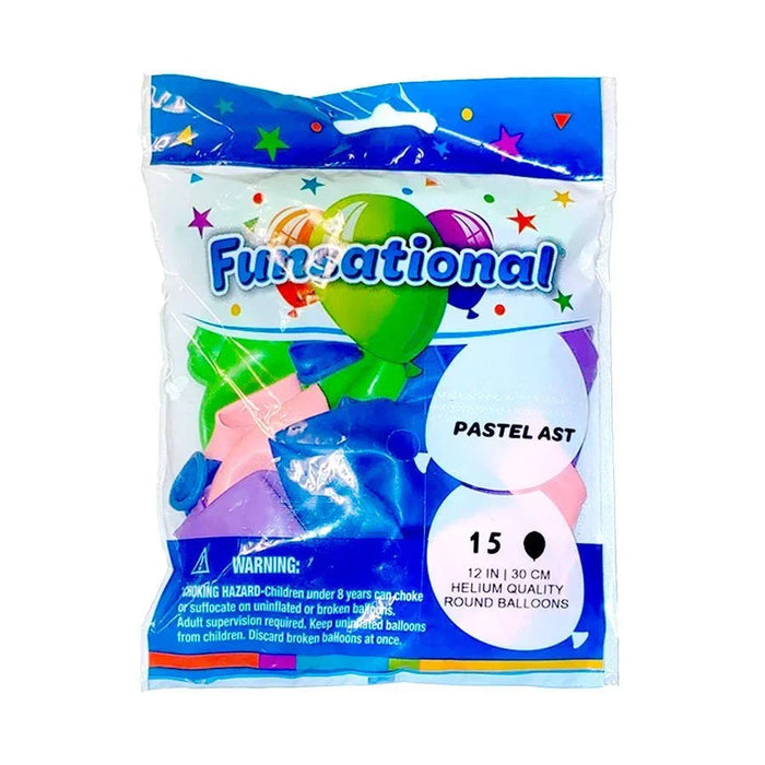 Package of 15 pastel-colored round latex balloons in 12-inch size, featuring white, pink, purple, blue, and green balloons with a colorful header design and blue ribbon closure.
