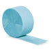 Roll of light blue crepe paper streamer partially unrolled, showing the textured material and cylindrical form against a white background.