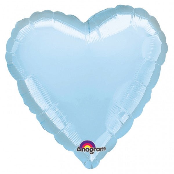 Light blue heart-shaped mylar balloon with a shiny metallic finish and scalloped edges, featuring the Anagram brand logo at the bottom.