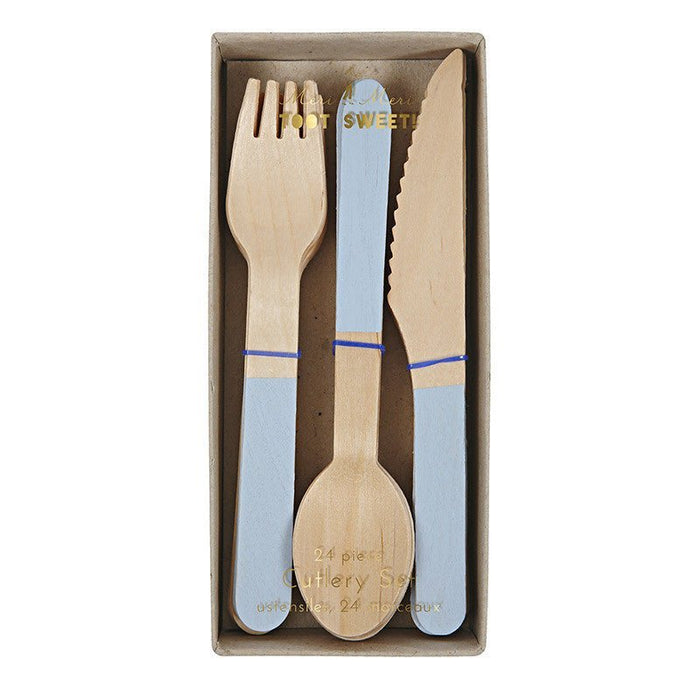 Wooden cutlery set in a cardboard box containing eight forks, eight knives, and eight spoons with pastel blue handles and natural wood blades.