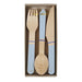 Wooden cutlery set in a cardboard box containing eight forks, eight knives, and eight spoons with pastel blue handles and natural wood blades.