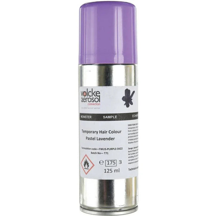 Aerosol spray can with purple cap and silver metal body labeled "Temporary Hair Colour Pastel Lavender," 125 ml size, marked as a sample product.