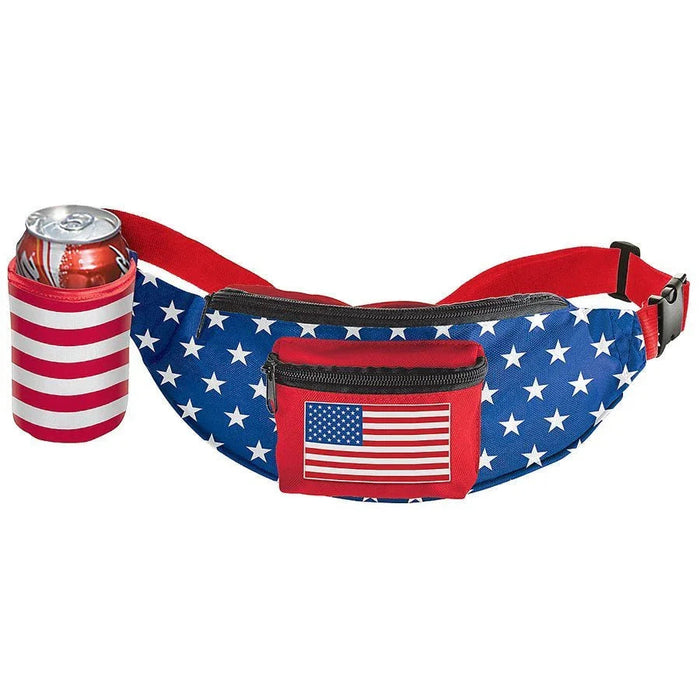 Red, white and blue fanny pack featuring American flag stars and stripes pattern with a front zippered pocket, adjustable red strap, and matching striped beverage holder on the side.