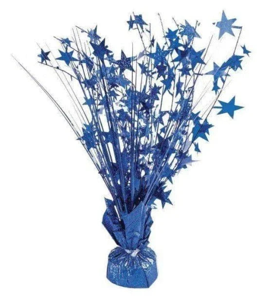 Blue star-shaped balloon weight centerpiece with cascading metallic strands and a weighted base.