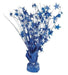 Blue star-shaped balloon weight centerpiece with cascading metallic strands and a weighted base.