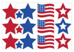 Eighteen patriotic cutout decorations featuring red and blue stars in various sizes and three American flags with white stars on red and blue stripes, arranged in a grid layout.
