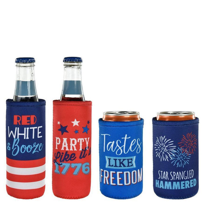 Four patriotic neoprene drink koozies in red, white, and blue with text including "Red White & Booze," "Party Like It's 1776," "Tastes Like Freedom," and "Star Spangled Hammered," displayed with two bottles.