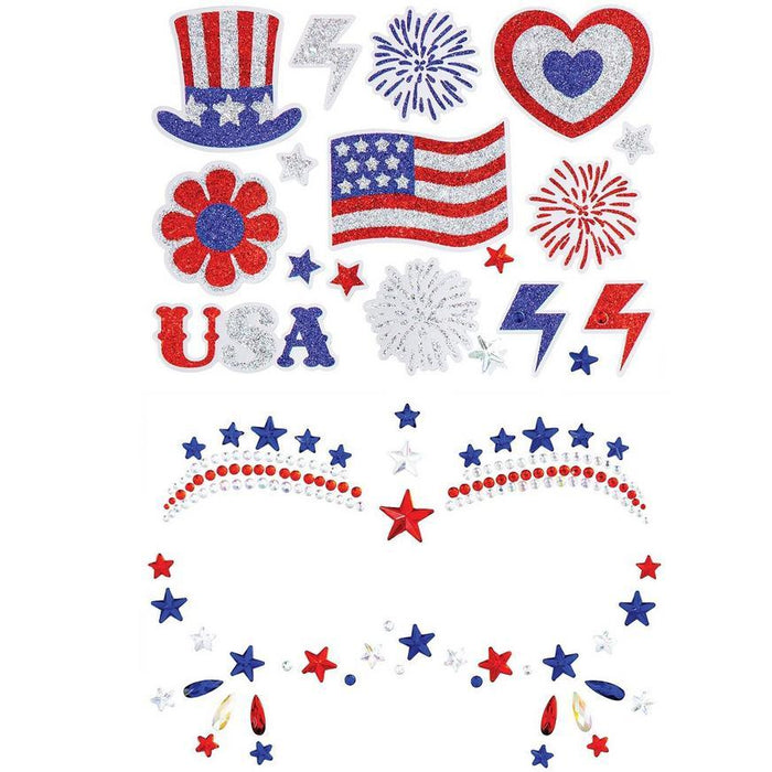 Red, white, and blue glitter adhesive face and body jewelry stickers including stars, fireworks, hearts, lightning bolts, and decorative arcs for patriotic celebrations.