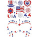 Red, white, and blue glitter adhesive face and body jewelry stickers including stars, fireworks, hearts, lightning bolts, and decorative arcs for patriotic celebrations.