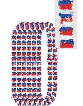 Twelve red, white, and blue fluffy leis arranged in a U-shape with individual lei examples displayed on the right side.