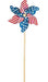 Patriotic pinwheel toy with red and white striped petals and blue star-patterned petals on a wooden stick.