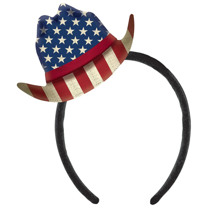 Patriotic cowboy hat headband with blue star-patterned crown, red and white striped brim, and black elastic band.