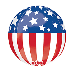 Spherical foil balloon with blue top half featuring white stars and red and white striped bottom half, with "orbz" text visible at the base.