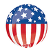 Spherical foil balloon with blue top half featuring white stars and red and white striped bottom half, with "orbz" text visible at the base.
