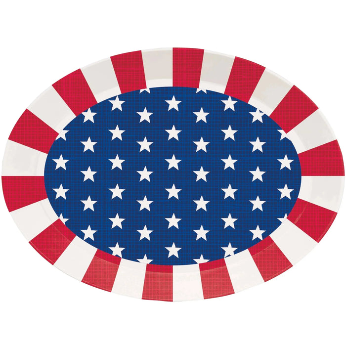 Red and white striped oval plastic serving tray with a blue center field decorated with white stars.