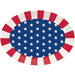 Red and white striped oval plastic serving tray with a blue center field decorated with white stars.