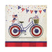 Blue bicycle with red and white striped wheels, American flags, and a gold basket on cream napkins decorated with patriotic bunting and confetti.