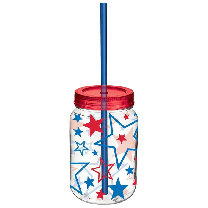 Clear plastic mason jar with red screw-on lid and blue straw, decorated with red and blue stars in various sizes throughout.