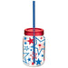 Clear plastic mason jar with red screw-on lid and blue straw, decorated with red and blue stars in various sizes throughout.
