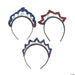 Three glittery sequin headband tiaras in patriotic colors: one with navy and white, one with burgundy and blue, and one with navy and burgundy accents.
