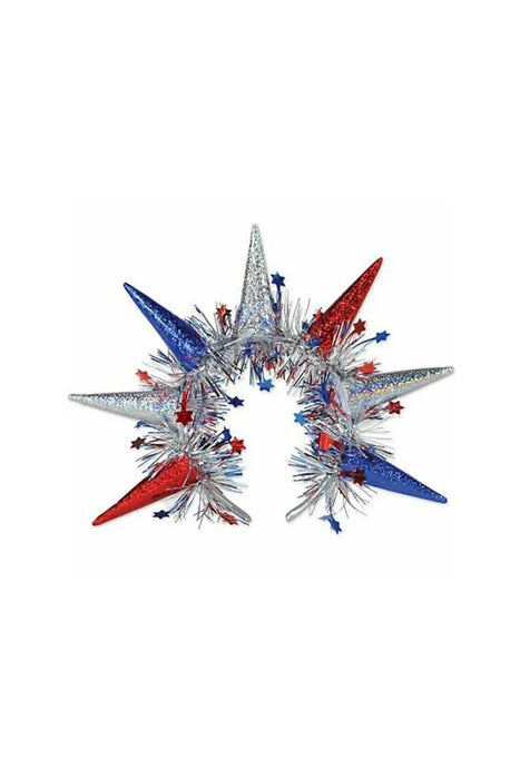 Patriotic star-shaped headband featuring red, blue, and silver glittery pointed cone spikes arranged in a circular pattern with matching star decorations throughout.
