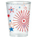 Clear plastic cup featuring red and blue stars of varying sizes with radiating sunburst lines in red, white, and blue patriotic design.