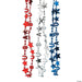 Three patriotic beaded necklaces in red, silver, and blue featuring alternating stars and crescent moon charms on metal ball chains.